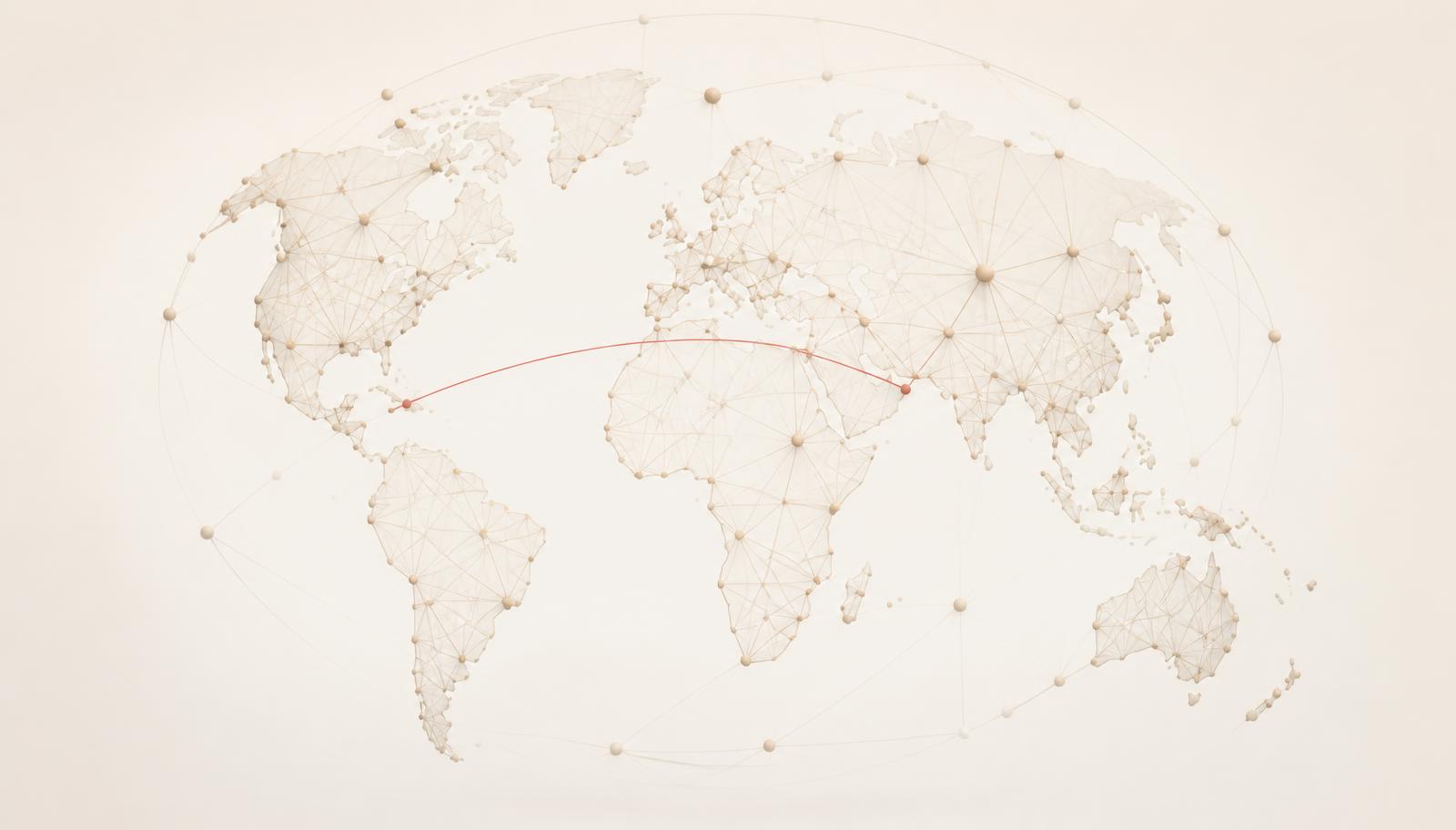 Abstract world map formed from softly connected nodes in warm beige tones with a single crimson connection line
